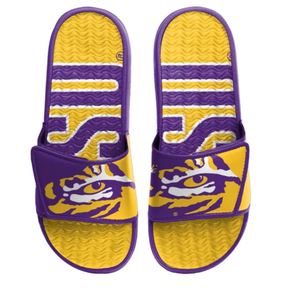 NEW! LSU Purple and Gold Colorblock Big Logo Slide Sandal FOCO Size L Mens